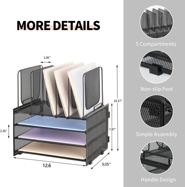 Desk Organizers and Accessories, 3-Tier Paper Organizer with 5 Vertical File Holders, File Folder Organizer (Black, 3T) - Image 4