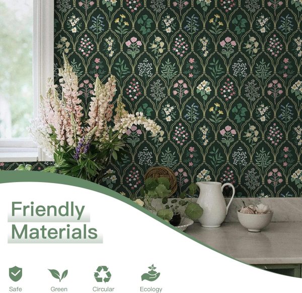Dimoon 17.3''x78.7'' Peel and Stick Wallpaper Floral Contact Paper Vintage Wallpaper Green Pink Renter Friendly Waterproof Upgrade Embossed Self Adhesive Kitchen Bedroom Cabinet - Image 2