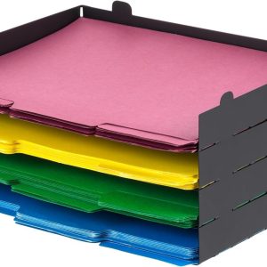 IRIS USA Metal Letter Tray Paper Organizer, 4 Pack, for Letter/A4 File Holder Paperwork Document, Stackable Desktop File Organizer Tray Paper Basket Rack for Office Supplies Home Work, Black