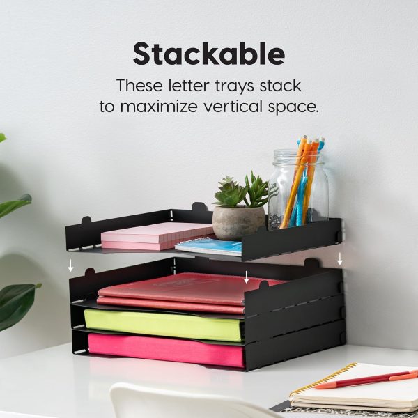 IRIS USA Metal Letter Tray Paper Organizer, 4 Pack, for Letter/A4 File Holder Paperwork Document, Stackable Desktop File Organizer Tray Paper Basket Rack for Office Supplies Home Work, Black - Image 5
