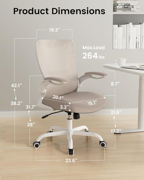 Office Chair, Ergonomic Desk Chair with Adjustable Lumbar Support and Flip up Armrest, Breathable Mesh Computer Chair for Home Office, Khaki - Image 2