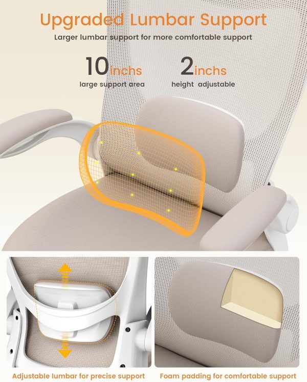 Office Chair, Ergonomic Desk Chair with Adjustable Lumbar Support and Flip up Armrest, Breathable Mesh Computer Chair for Home Office, Khaki - Image 4
