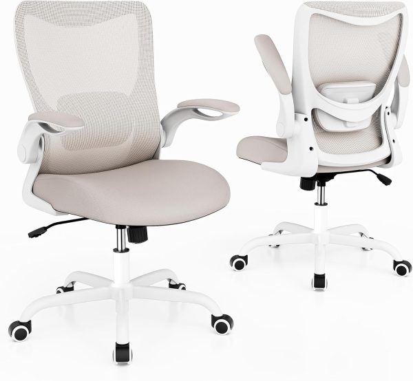 Office Chair, Ergonomic Desk Chair with Adjustable Lumbar Support and Flip up Armrest, Breathable Mesh Computer Chair for Home Office, Khaki - Image 6