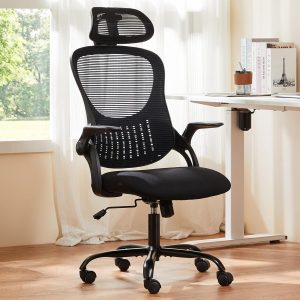 Sweetcrispy High-Back Mesh Home Office Chair with Adjustable Headrest and Lumbar Support, Flip-up Armrest Ergonomic Rolling Work Chair for Study, and Bedroom, Black
