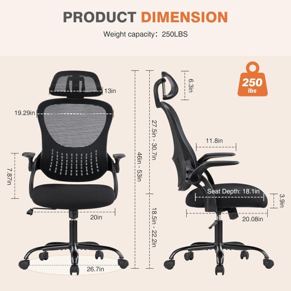 Sweetcrispy High-Back Mesh Home Office Chair with Adjustable Headrest and Lumbar Support, Flip-up Armrest Ergonomic Rolling Work Chair for Study, and Bedroom, Black - Image 2