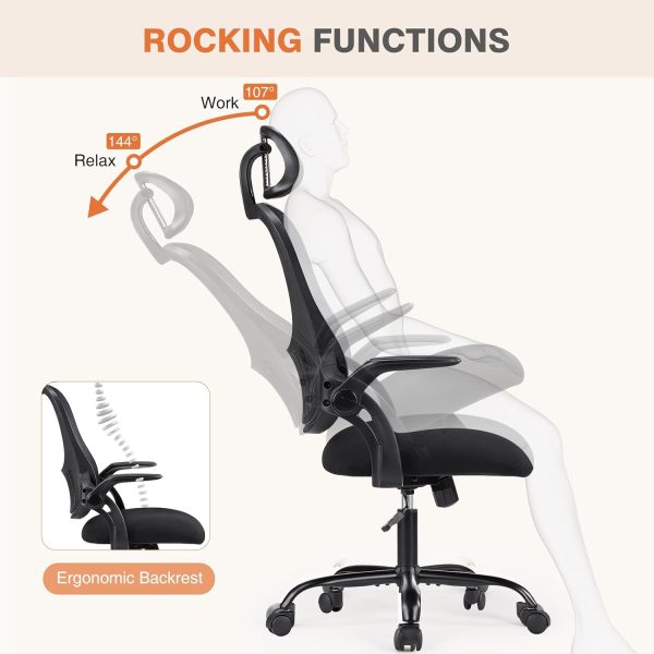 Sweetcrispy High-Back Mesh Home Office Chair with Adjustable Headrest and Lumbar Support, Flip-up Armrest Ergonomic Rolling Work Chair for Study, and Bedroom, Black - Image 3