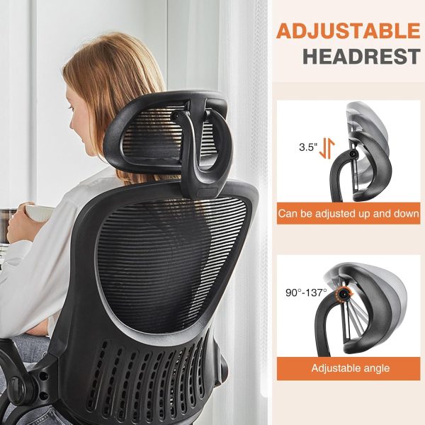 Sweetcrispy High-Back Mesh Home Office Chair with Adjustable Headrest and Lumbar Support, Flip-up Armrest Ergonomic Rolling Work Chair for Study, and Bedroom, Black - Image 5