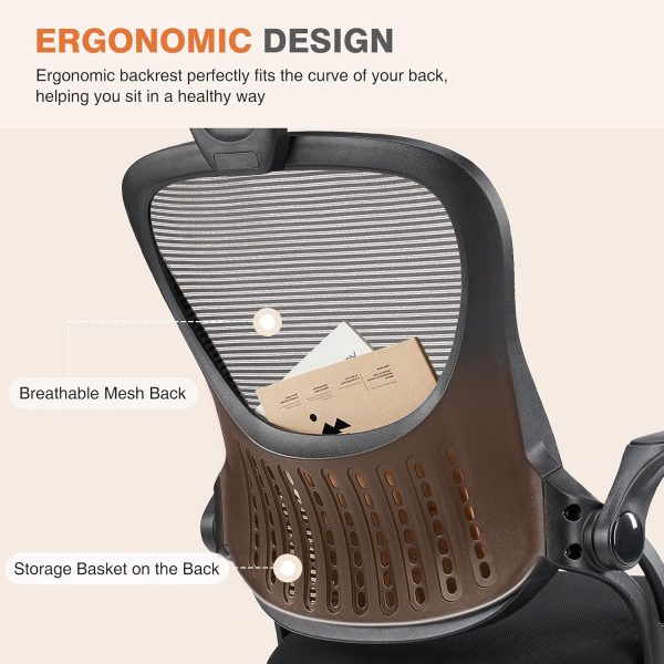 Sweetcrispy High-Back Mesh Home Office Chair with Adjustable Headrest and Lumbar Support, Flip-up Armrest Ergonomic Rolling Work Chair for Study, and Bedroom, Black - Image 6