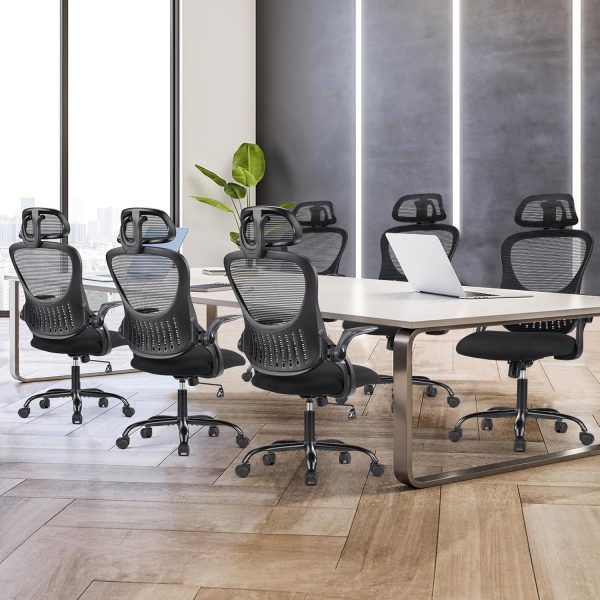 Sweetcrispy High-Back Mesh Home Office Chair with Adjustable Headrest and Lumbar Support, Flip-up Armrest Ergonomic Rolling Work Chair for Study, and Bedroom, Black - Image 8